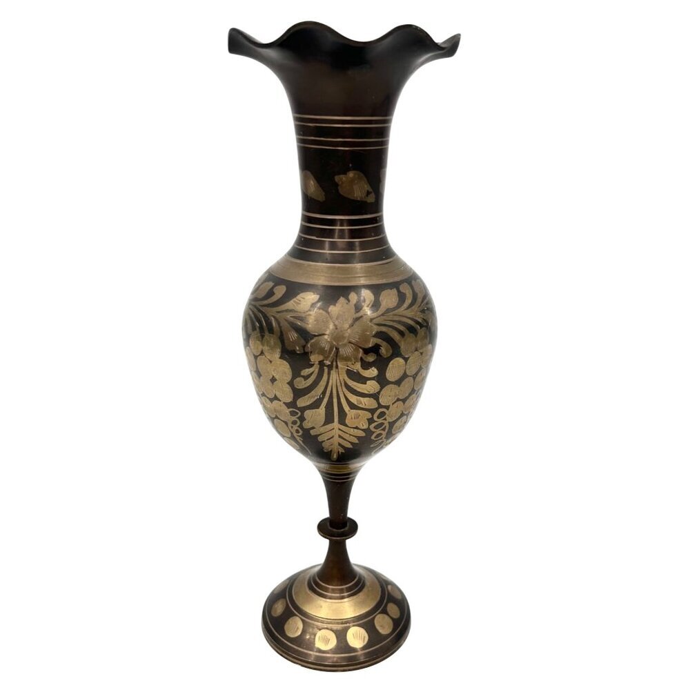 VINTAGE BRASS FLUTED RIM ETCHED FLORAL GRAPE DECOR PEDESTAL BASE INDIAN VASE